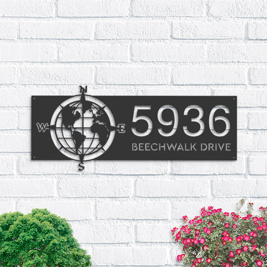 Personalized Compass globe world map Metal Address Sign House number Hanging Address Plaque Yard Sign Outdoor Sign Garden Stake