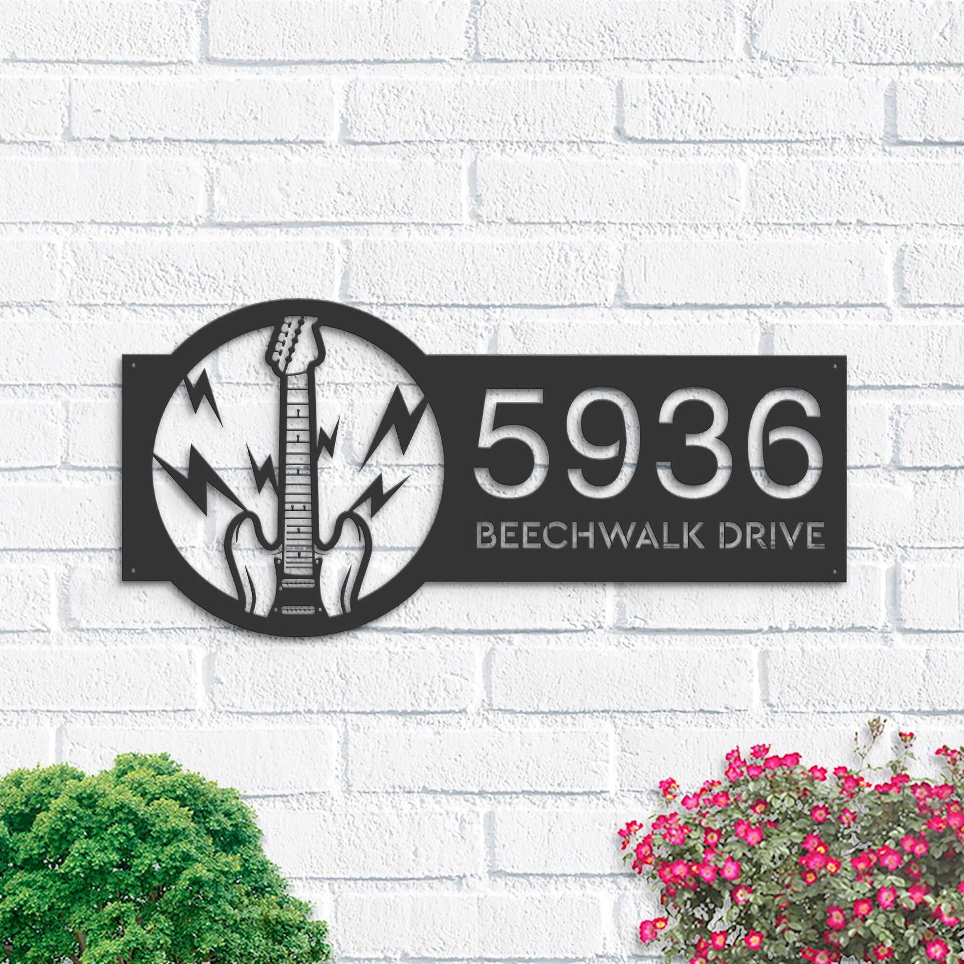 Personalized Electric guitar Metal Address Sign Custom House number Hanging Address Plaque Yard Sign, Outdoor Garden Stake