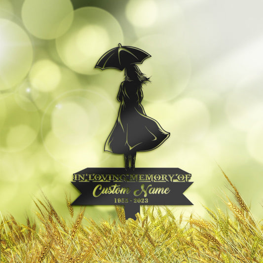 Personalized Girl under umbrella Memorial Stake, Metal Stake, Sympathy Sign, Grave Marker, Remembrance Stake