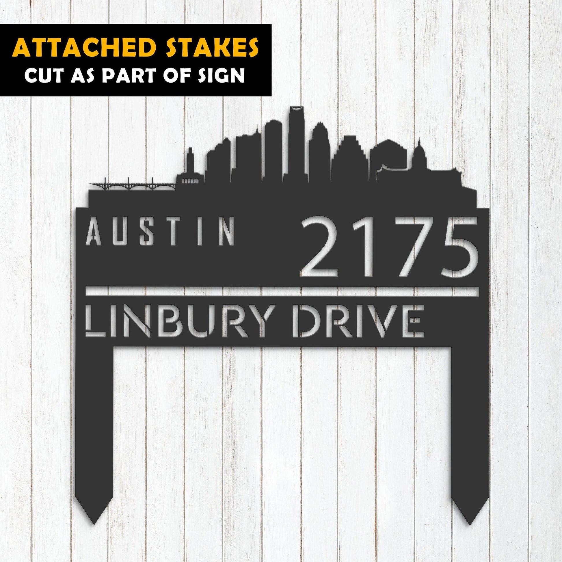 Personalized Austin city skyline Metal Address Sign Hanging Address Plaque house number Yard Outdoor Sign Garden Stake