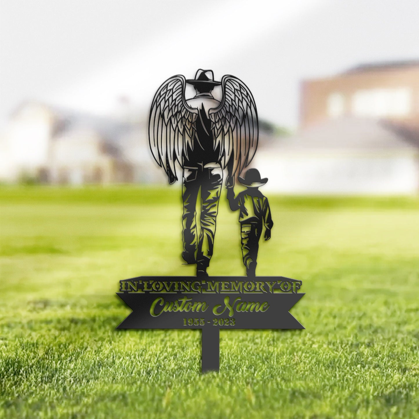 Personalized Angel father cowboy and son Memorial Stake, Metal Stake, Sympathy Sign, Grave Marker, Remembrance Stake