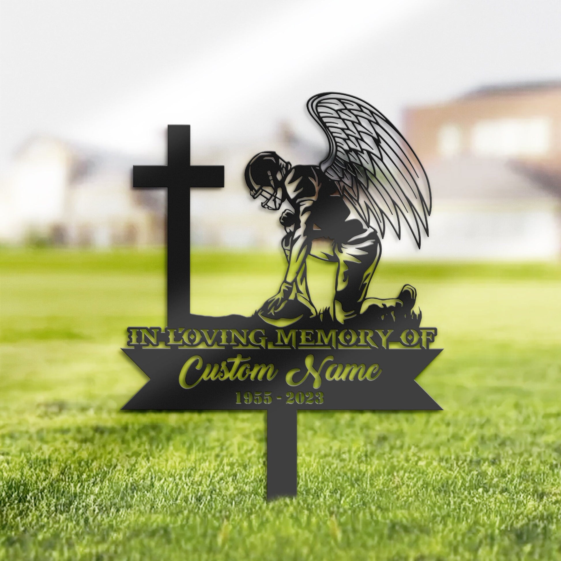 Personalized Football player kneel at cross Memorial Stake, Metal Stake, Sympathy Sign, Grave Marker, Remembrance Stake