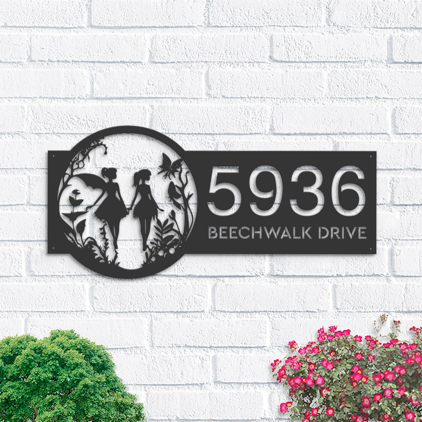 Personalized Fairies flowers garden Metal Address Sign | Custom Hanging Address Plaque House number | Yard Sign, Outdoor Sign | Garden Stake