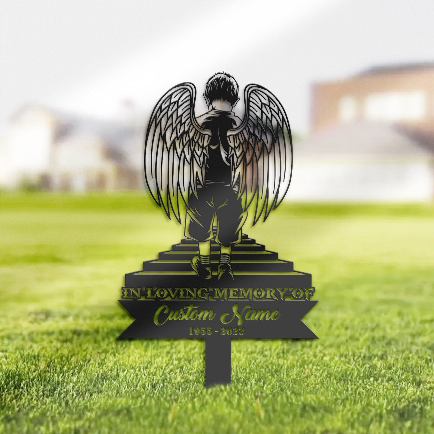 Personalized Sad boy Angel wings Memorial Stake, Metal Stake, Sympathy Sign, Grave Marker, Remembrance Stake