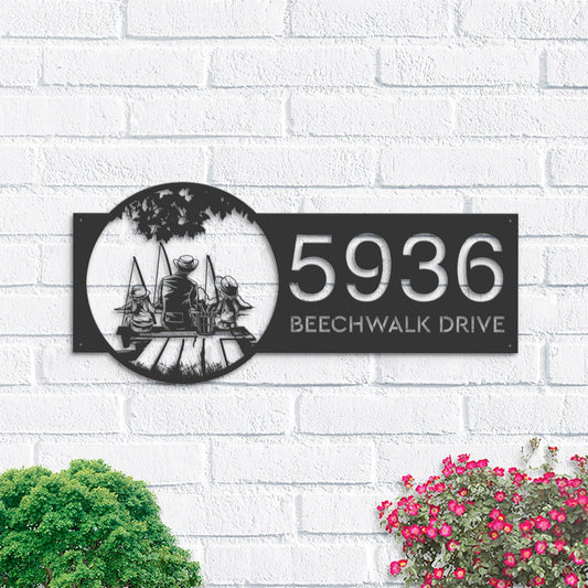 Personalized Dad and daughters go fishing Metal Address Sign Custom House number Hanging Address Plaque Yard Sign, Outdoor Garden Stake