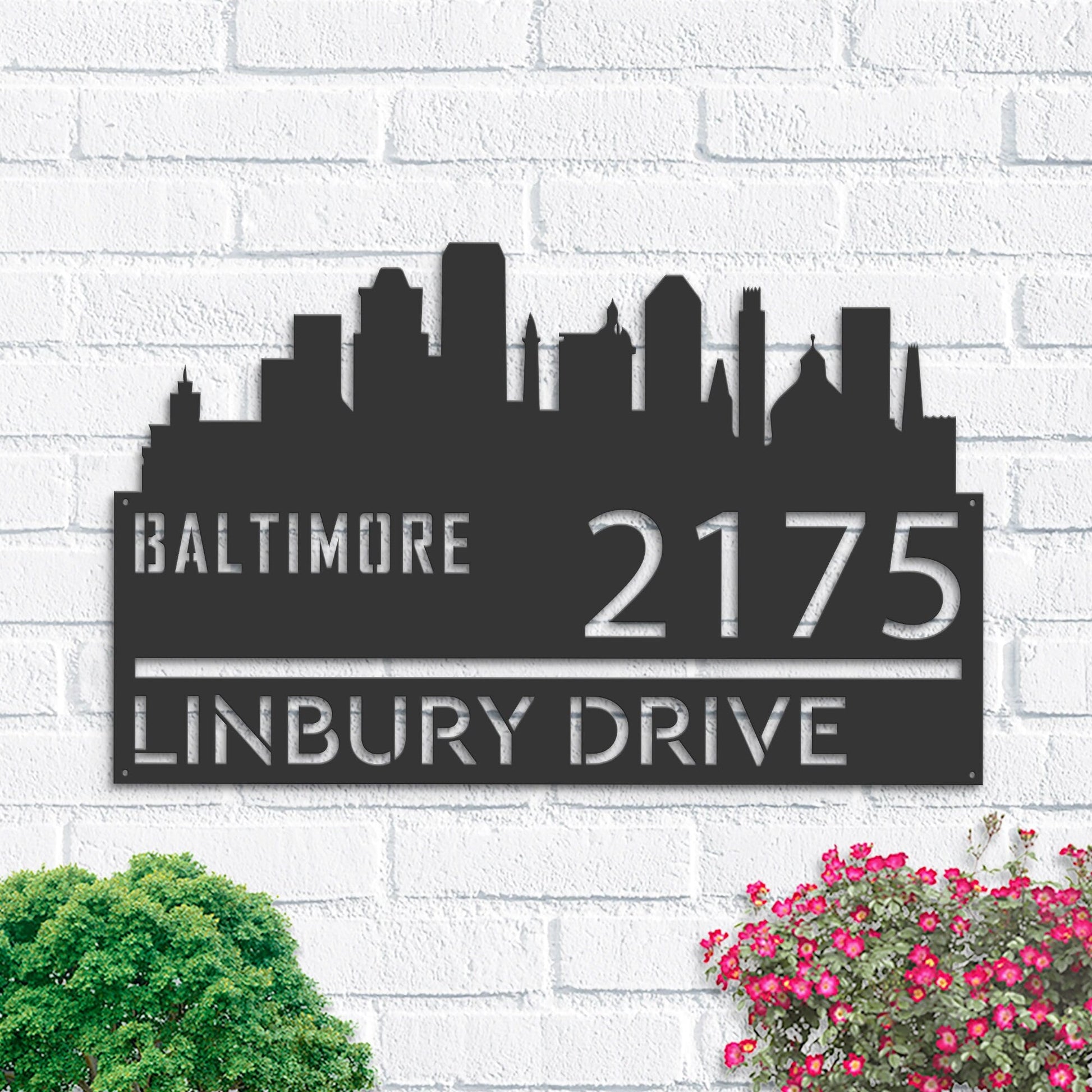 Personalized Baltimore city skyline Metal Address Sign Hanging Address Plaque house number Yard Outdoor Sign Garden Stake