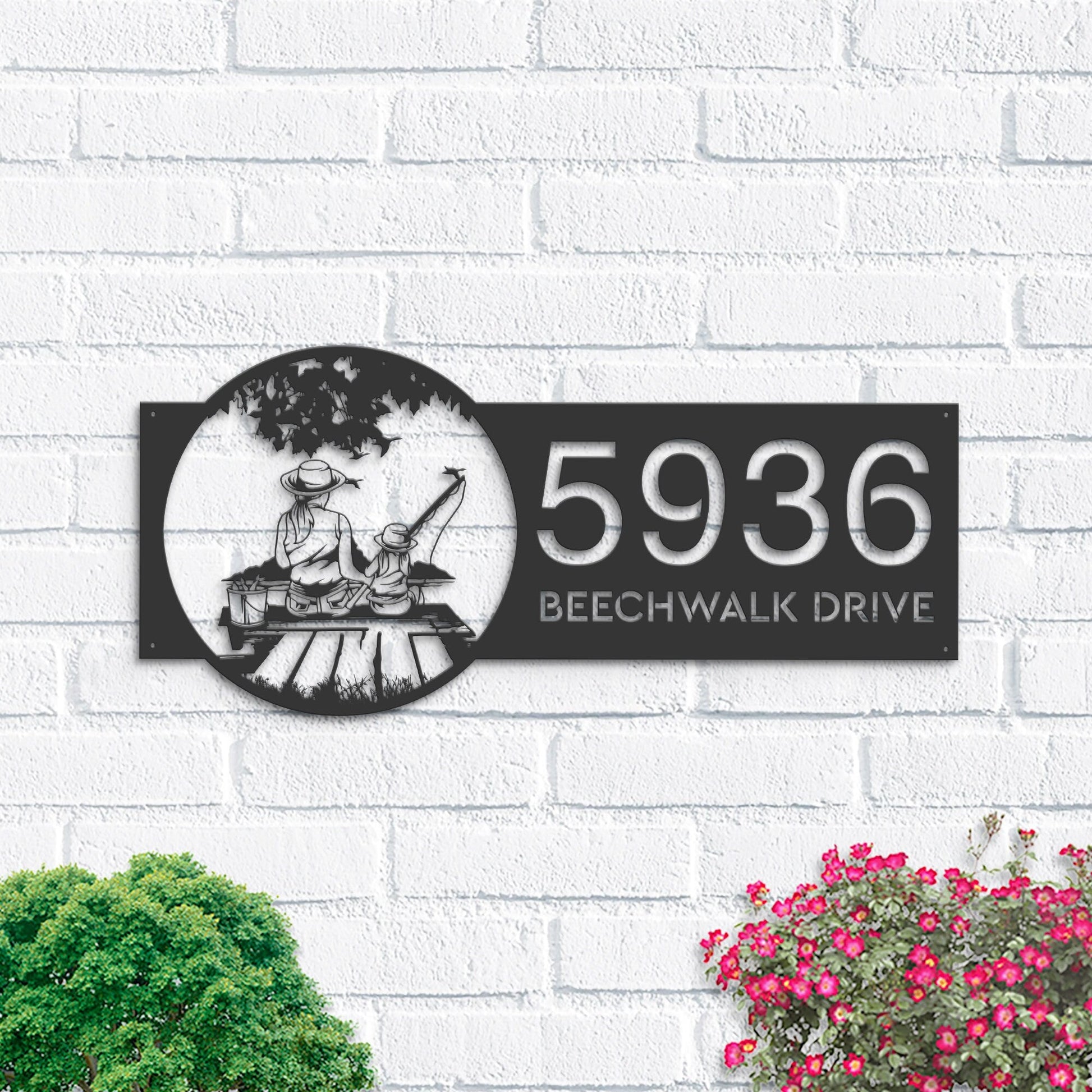 Personalized Mom and daughter go fishing Metal Address Sign Custom House number Hanging Address Plaque Yard Sign, Outdoor Garden Stake