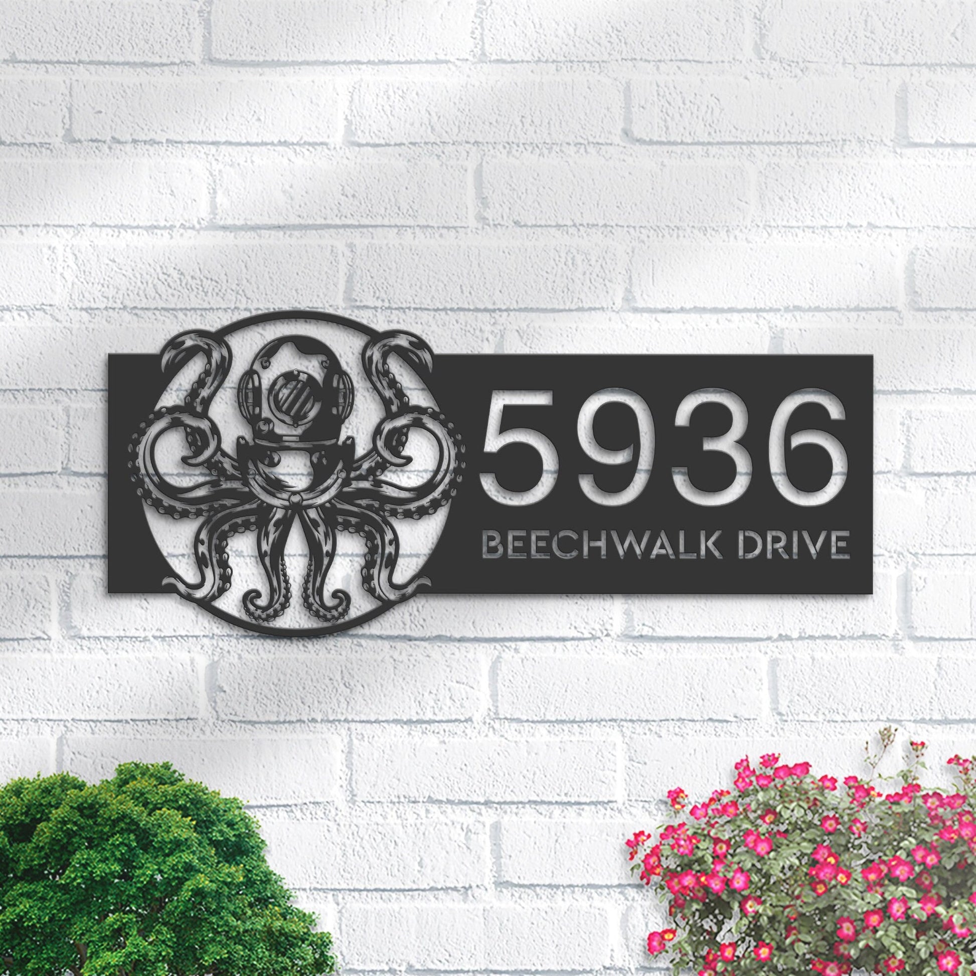 Personalized Octopus in diving helmet Metal Address Sign House number Hanging Address Plaque Yard Sign Outdoor Sign Garden Stake