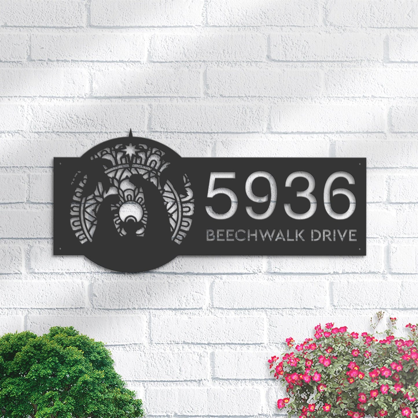 Personalized Mandala nativity scene Jesus Christ Metal Address Sign House number Hanging Address Plaque Yard Sign, Outdoor Garden Stake