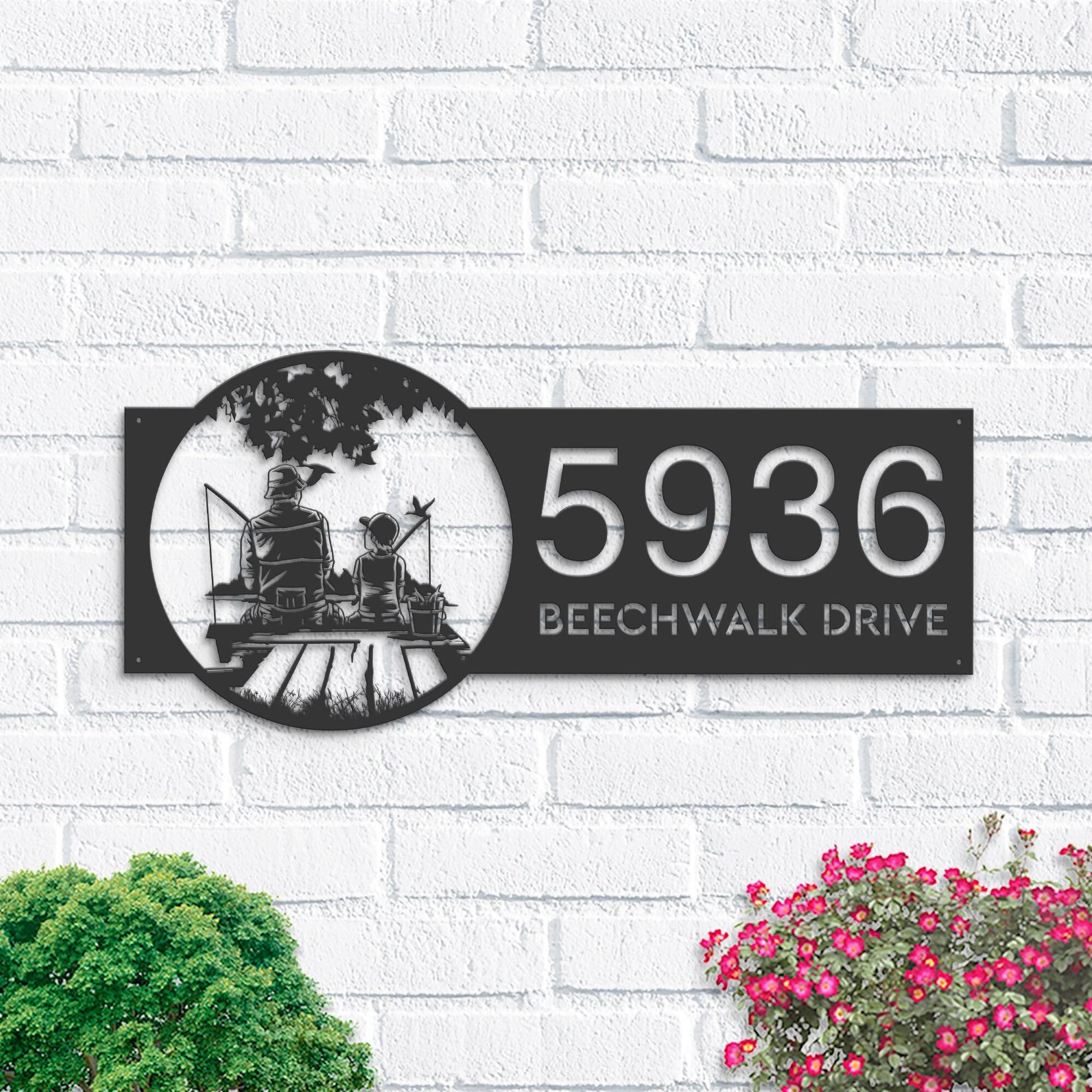 Personalized Dad and Son go fishing Metal Address Sign Custom House number Hanging Address Plaque Yard Sign, Outdoor Garden Stake