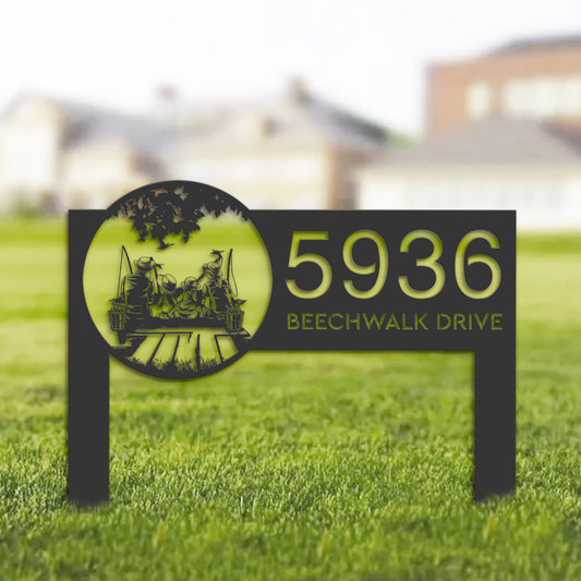 Personalized Mom Dad and daughters go fishing Metal Address Sign Custom House number Hanging Address Plaque Yard Sign, Outdoor Garden Stake