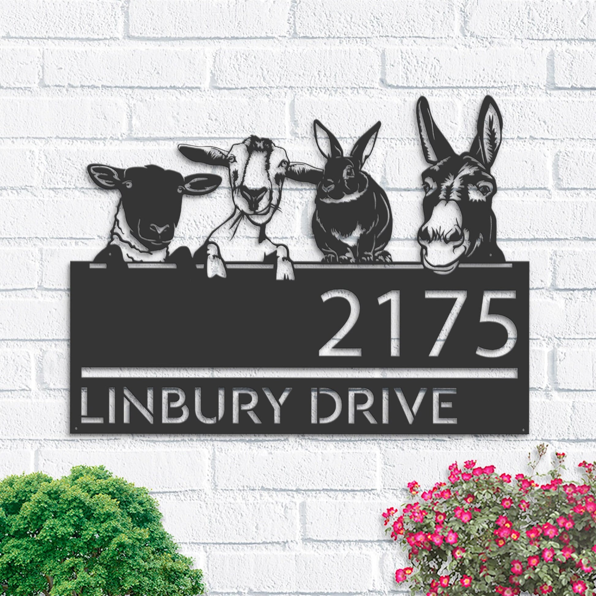 Personalized Goat Sheep Donkey rabbit farmhouse Metal Address Sign House number Hanging Address Plaque Yard Sign Outdoor decor Garden Stake