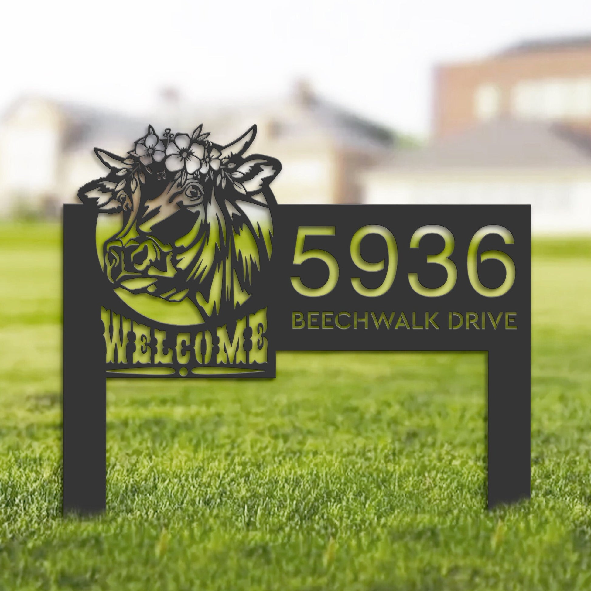 Personalized Cow Farm house Ranch welcome Metal Address Sign House number Hanging Address Plaque Yard Sign Outdoor Sign Garden Stake