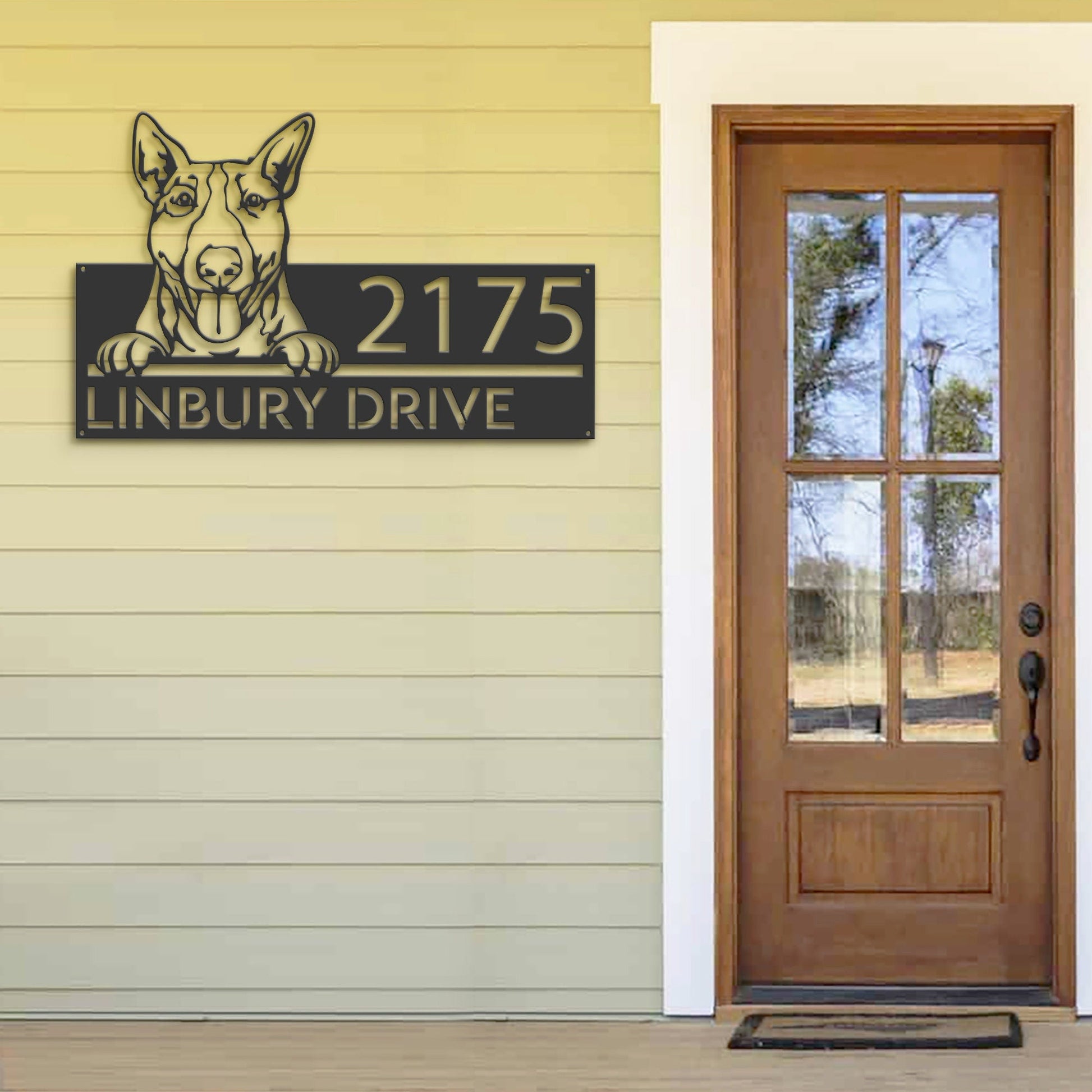 Personalized Bull Terrier dog, cute puppy Metal Address Sign House number Hanging Address Plaque Yard Sign Outdoor decor Garden Stake