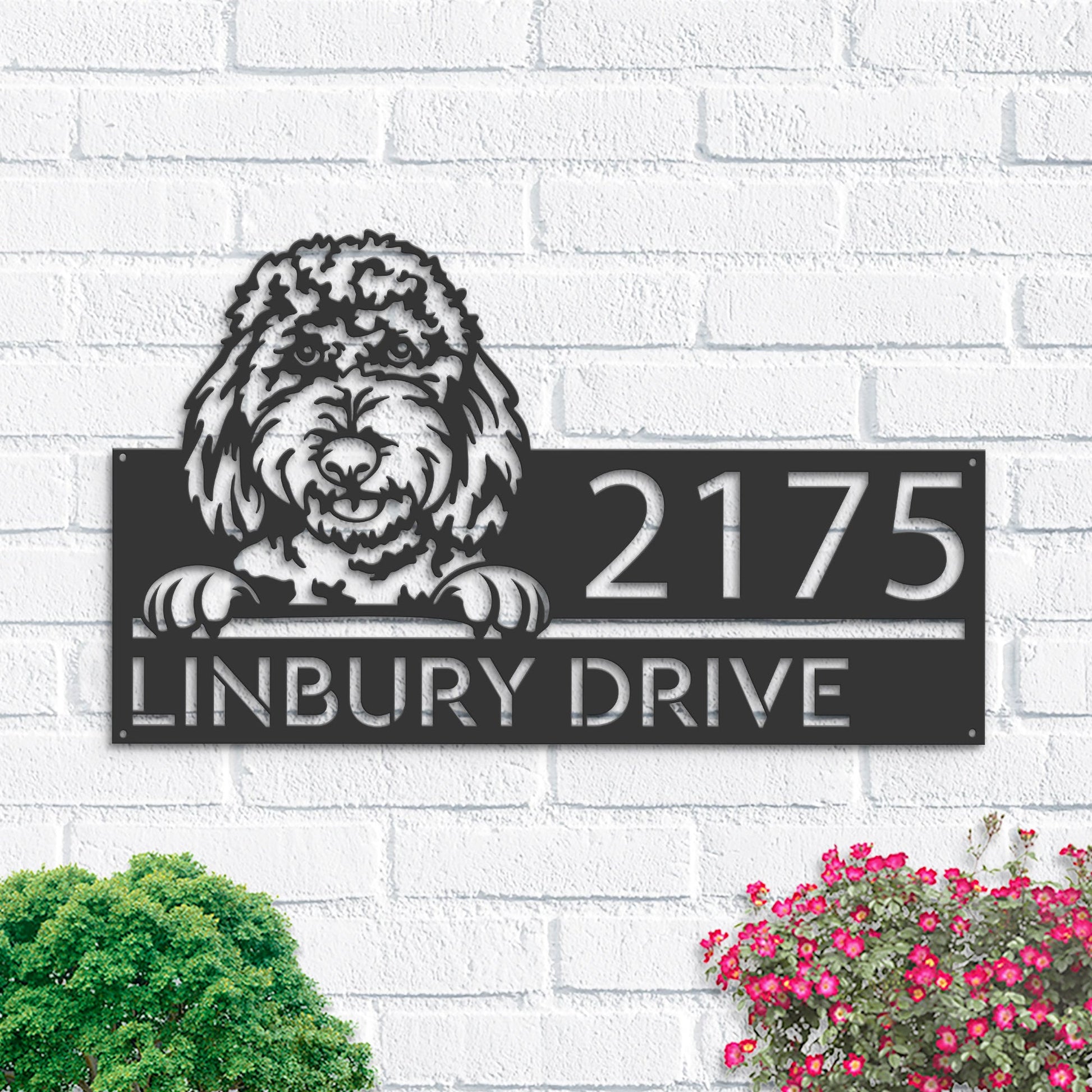 Personalized Goldendoodles dog, Cute puppy Metal Address Sign House number Hanging Address Plaque Yard Sign Outdoor decor Garden Stake