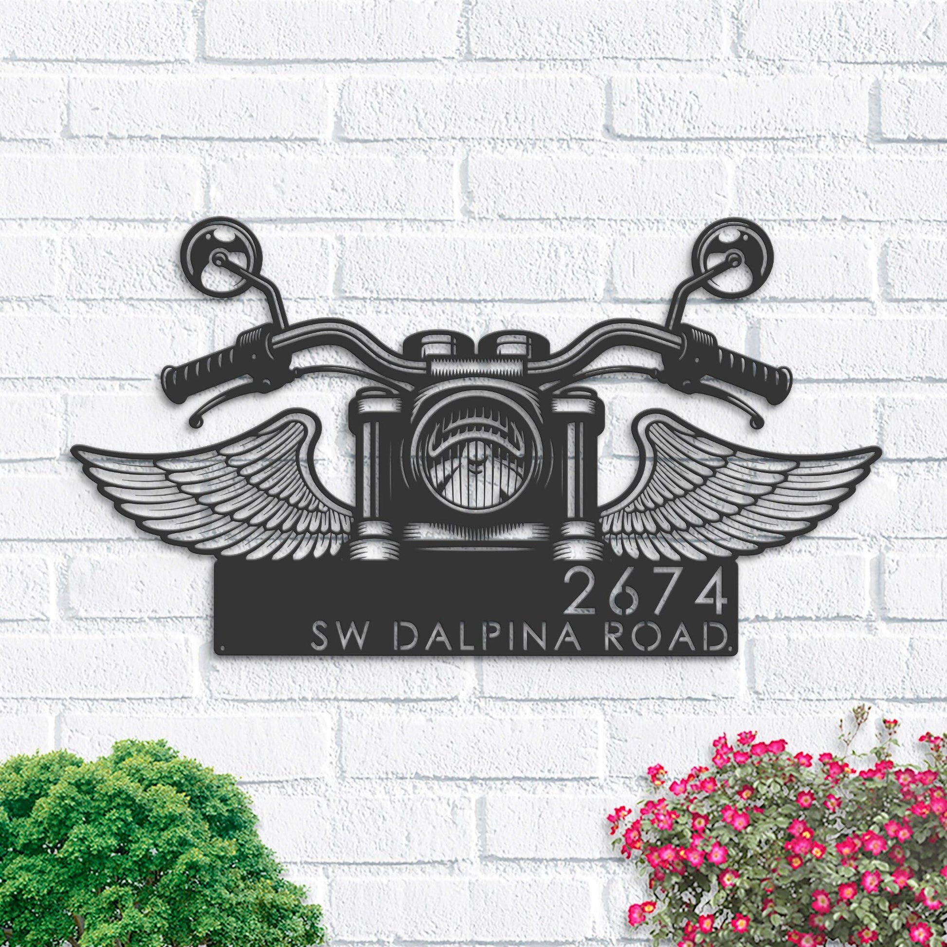 Personalized Biker Bike rider Motocycle with wings Metal Address Sign | Hanging Address Plaque | Yard Sign, Outdoor Sign | Garden Stake