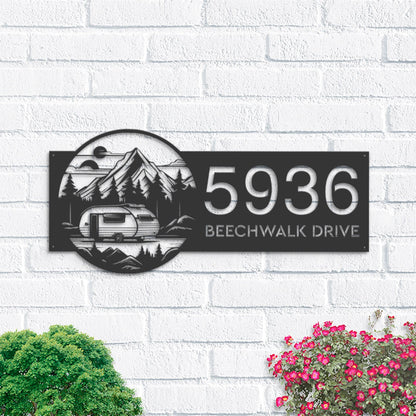 Personalized Camping trailer adventure Metal Address Sign Custom House number Hanging Address Plaque Yard Sign, Outdoor Garden Stake