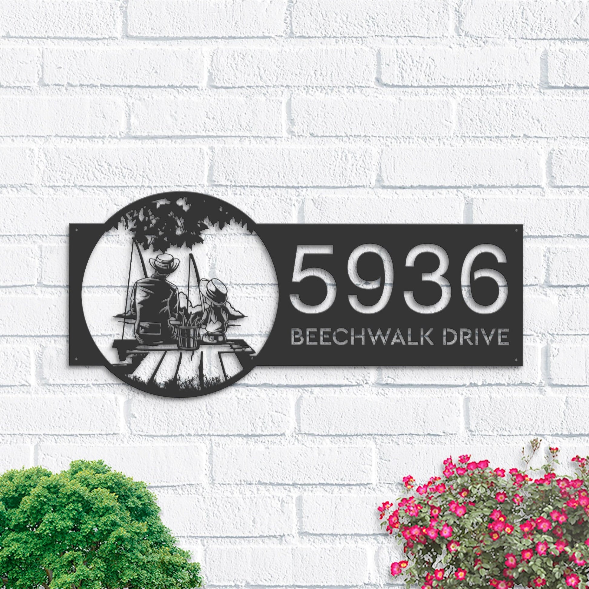 Personalized Father and daughter go fishing Metal Address Sign Custom House number Hanging Address Plaque Yard Sign, Outdoor Garden Stake