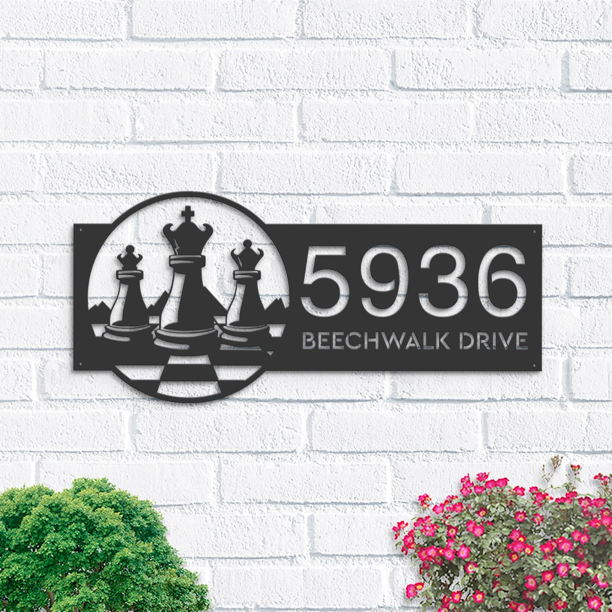 Personalized Chess board chess player Metal Address Sign Custom House number Hanging Address Plaque Yard Sign, Outdoor Garden Stake