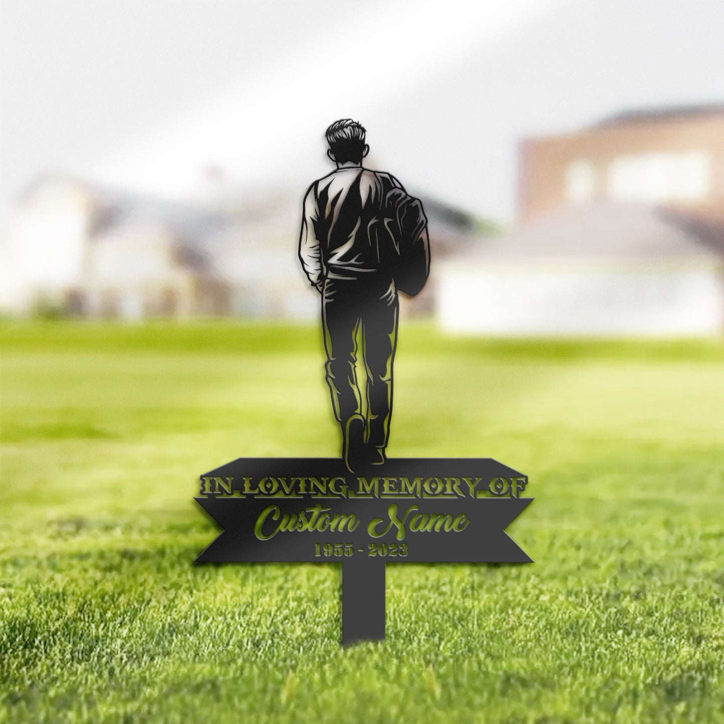 Personalized Sad man with back pack Memorial Stake, Metal Stake, Sympathy Sign, Grave Marker, Remembrance Stake