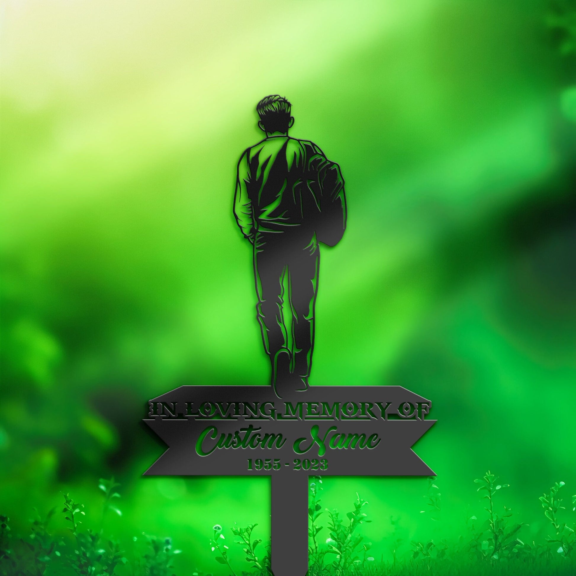 Personalized Sad man with back pack Memorial Stake, Metal Stake, Sympathy Sign, Grave Marker, Remembrance Stake