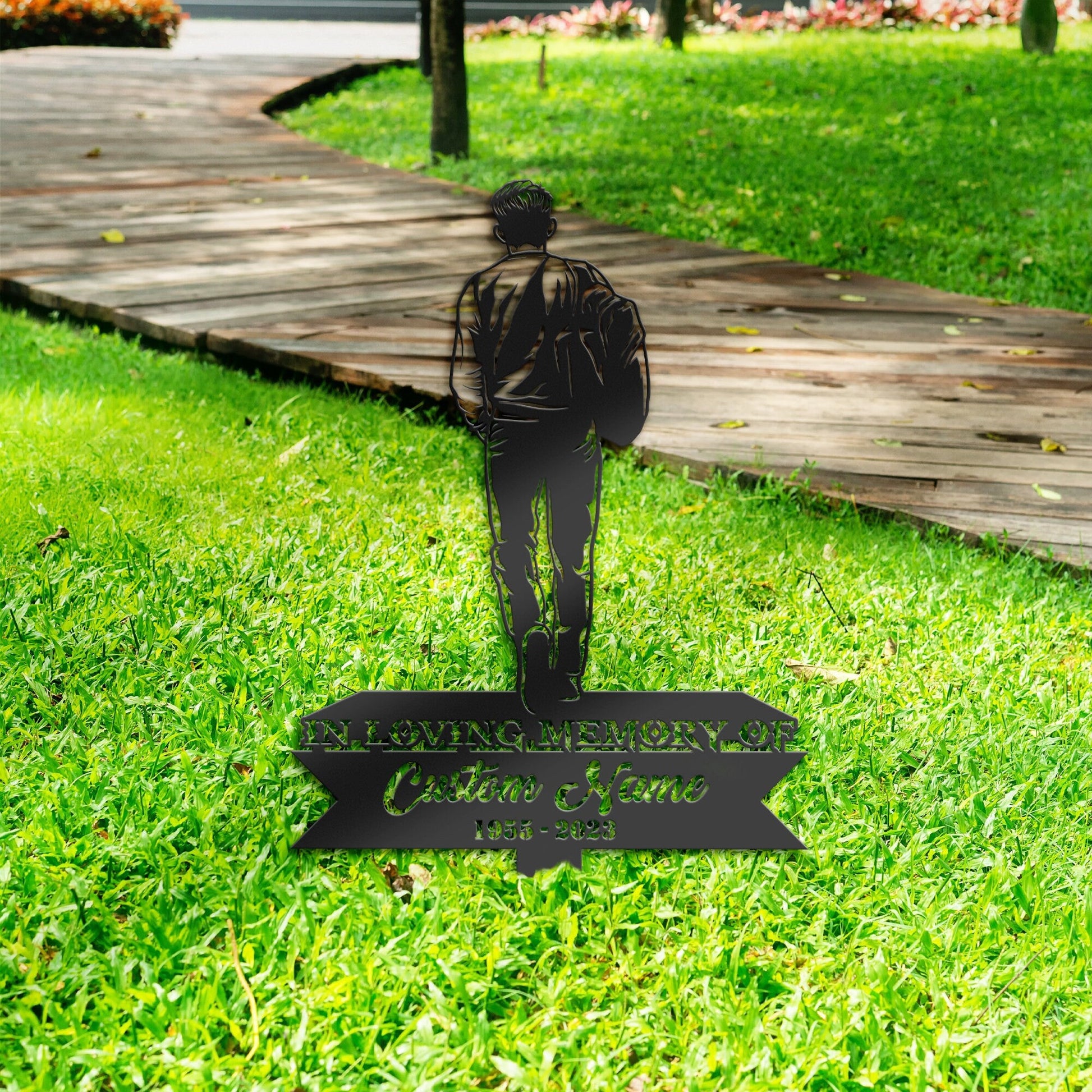 Personalized Sad man with back pack Memorial Stake, Metal Stake, Sympathy Sign, Grave Marker, Remembrance Stake