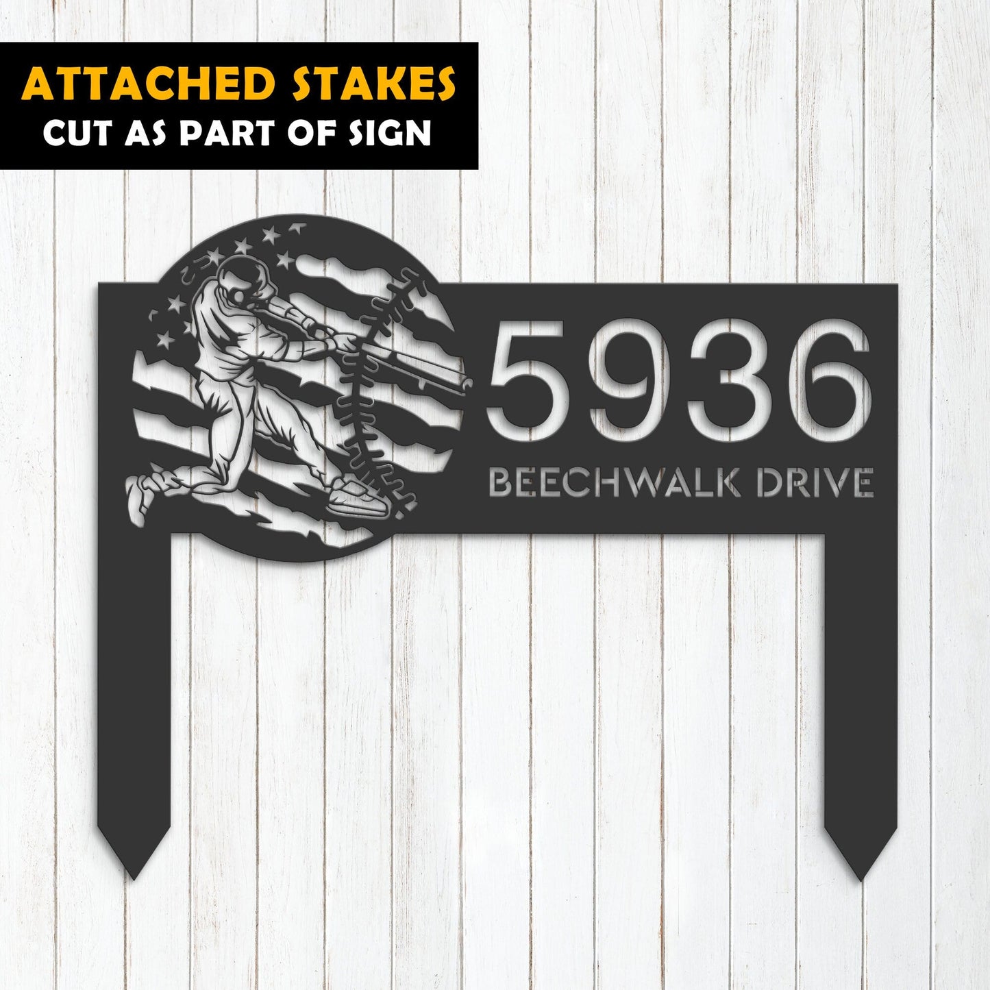 Personalized Baseball player distressed US flag Metal Address Sign House number Hanging Address Plaque Yard Sign Outdoor Sign Garden Stake