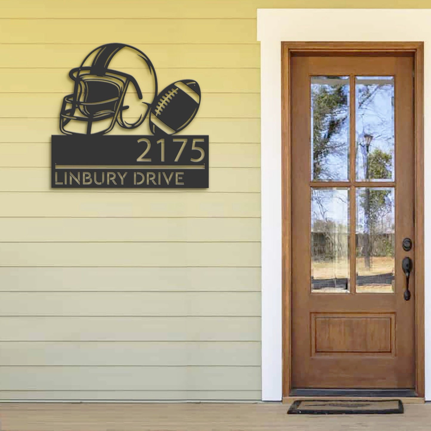 Personalized American Football helmet sport Metal Address Sign House number Hanging Address Plaque Yard Sign Outdoor Sign Garden Stake