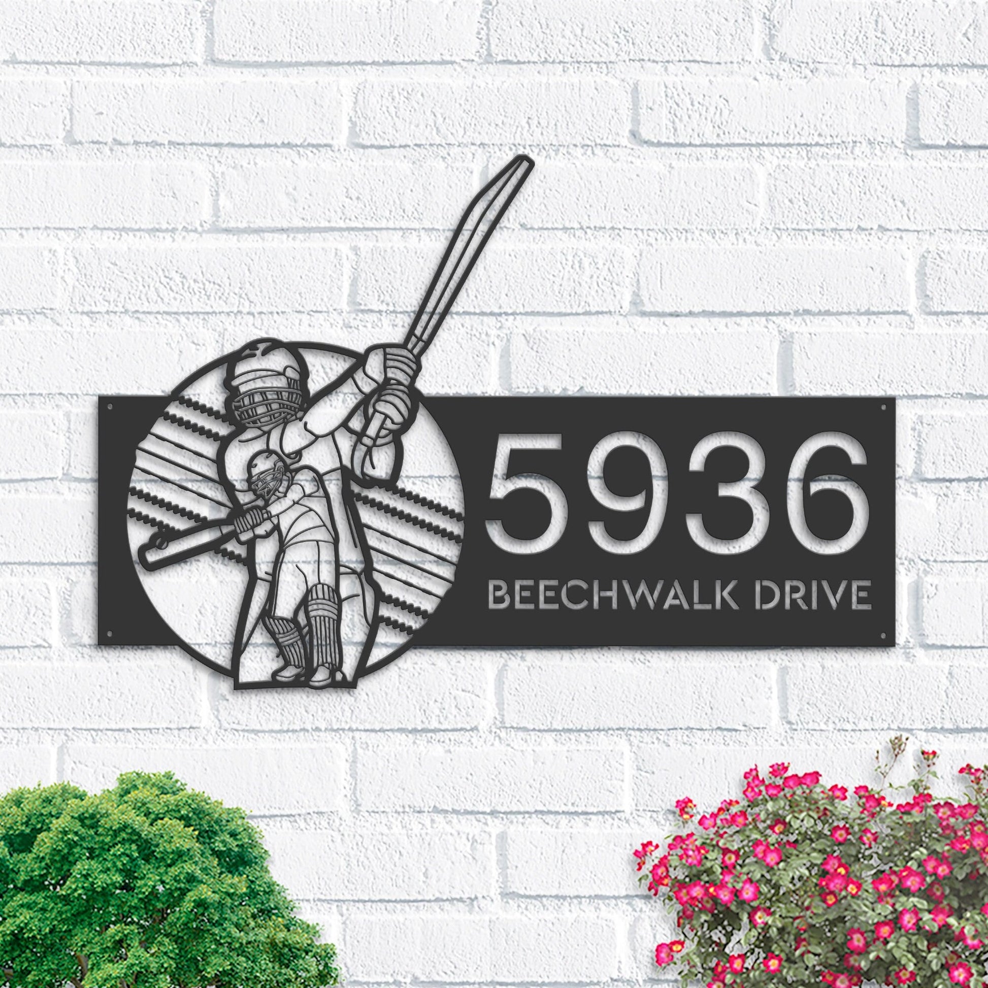 Personalized Cricket player sport Metal Address Sign House number Hanging Address Plaque Yard Sign Outdoor Sign Garden Stake