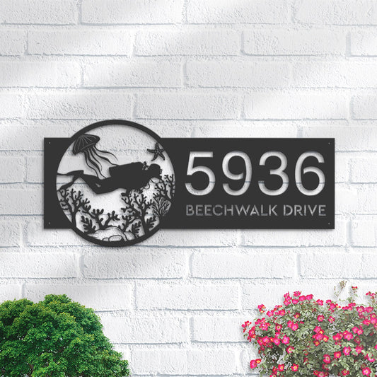 Personalized Scuba diving Metal Address Sign House number Hanging Address Plaque Yard Sign Outdoor Sign Garden Stake