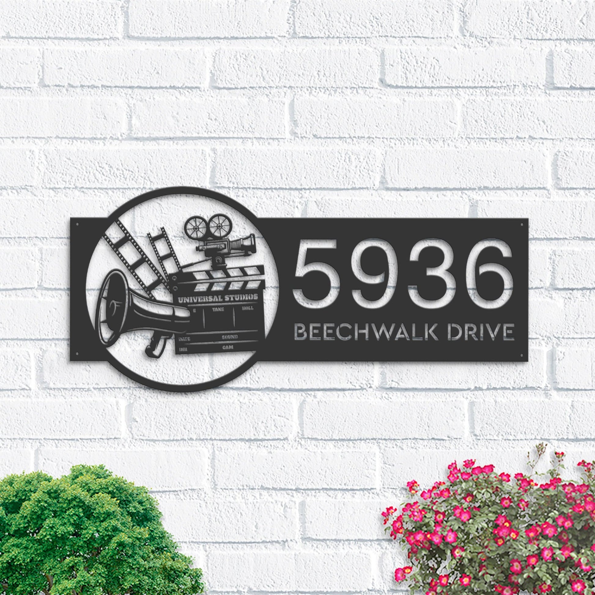 Personalized Cinema movie camera Metal Address Sign Custom House number Hanging Address Plaque Yard Sign, Outdoor Garden Stake