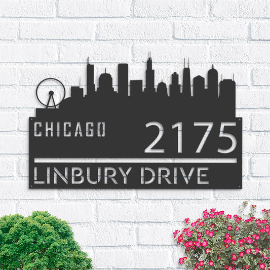 Personalized Chicago city skyline Metal Address Sign Hanging Address Plaque house number Yard Outdoor Sign Garden Stake