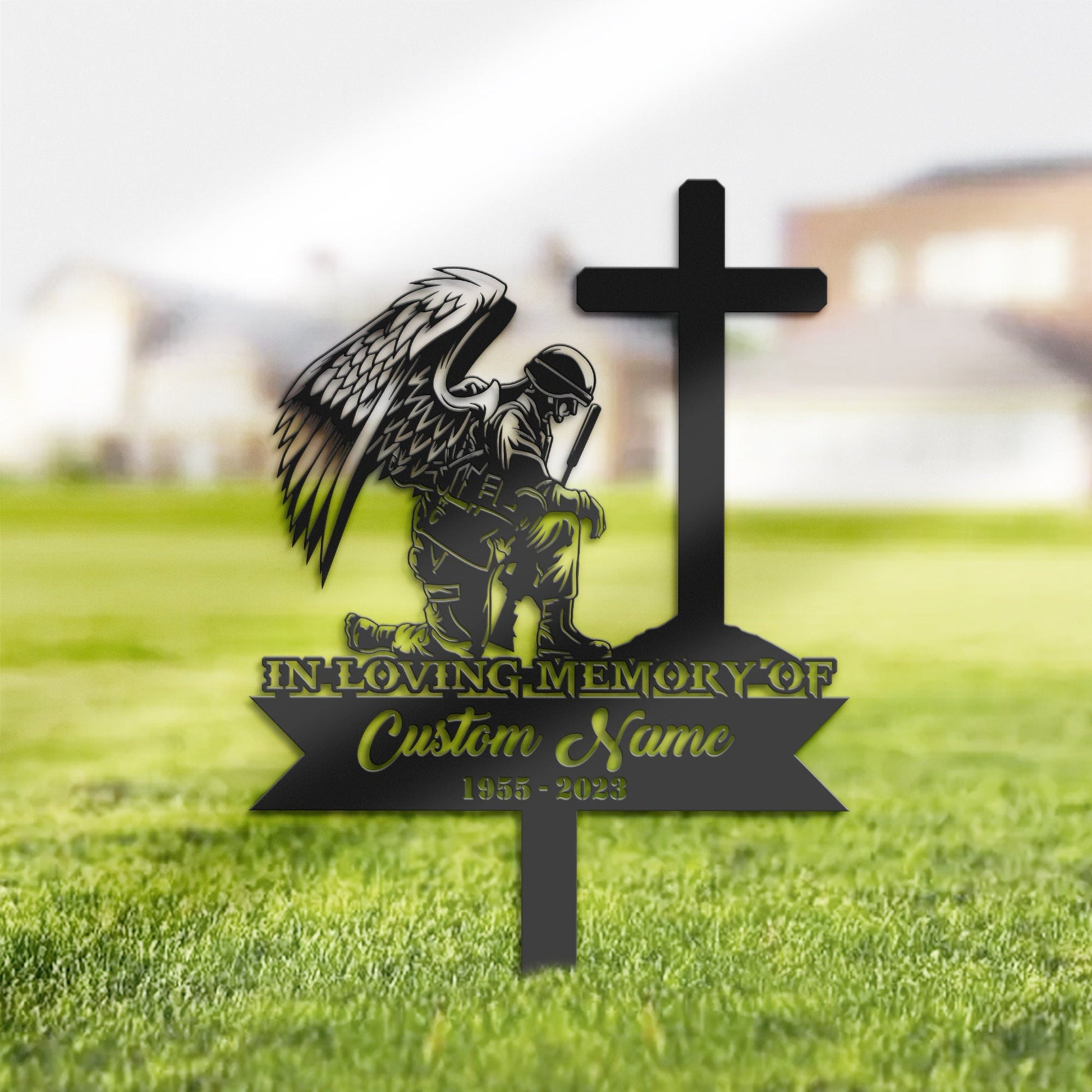 Personalized Soldier kneeling at cross veteran Memorial Stake, Metal Stake, Sympathy Sign, Grave Marker, Remembrance Stake