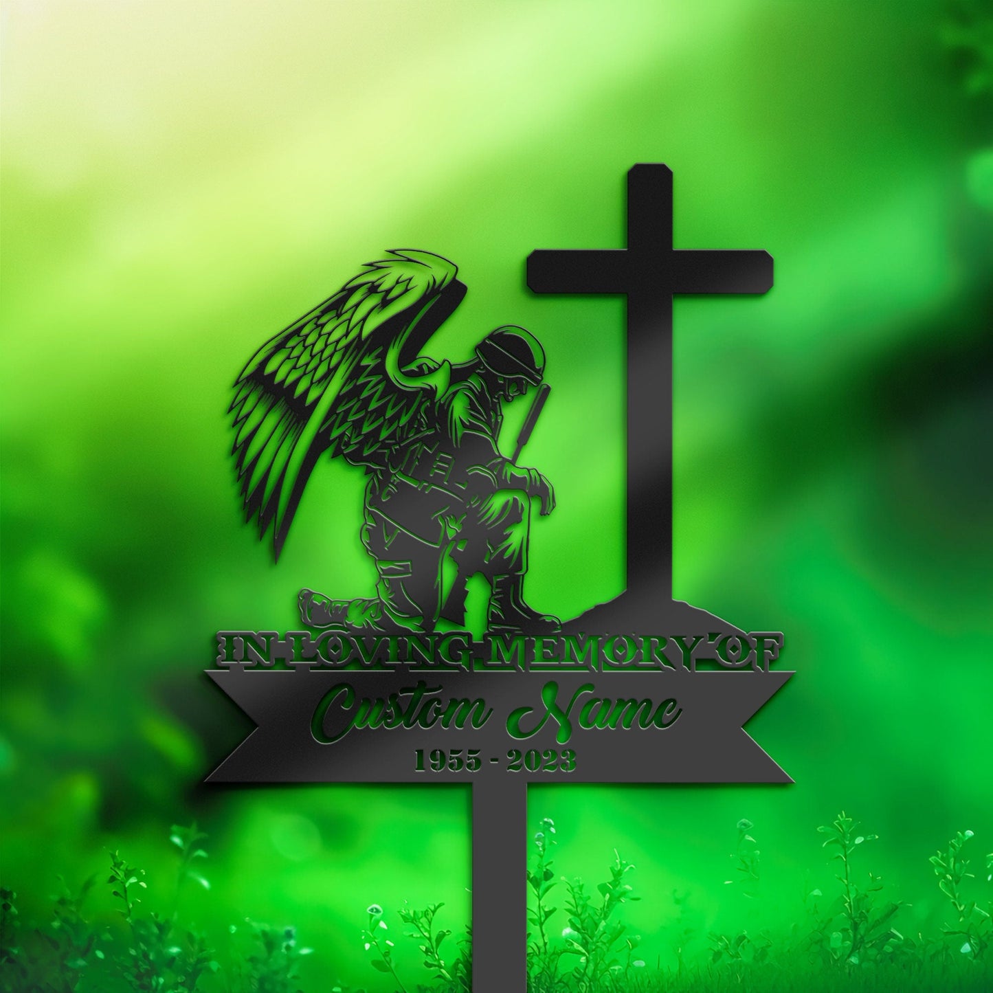 Personalized Soldier kneeling at cross veteran Memorial Stake, Metal Stake, Sympathy Sign, Grave Marker, Remembrance Stake