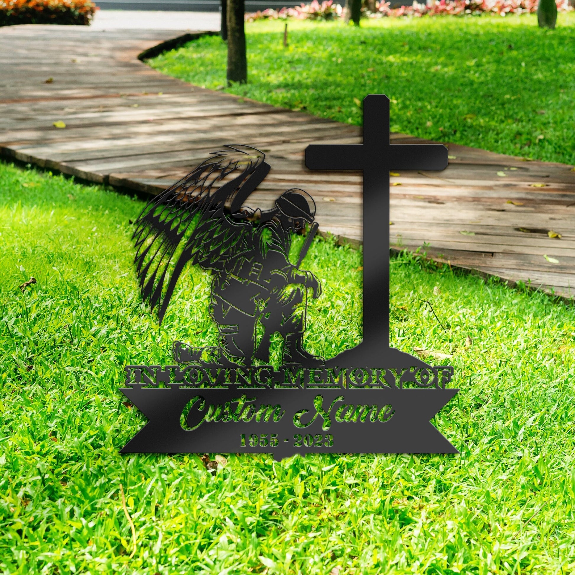 Personalized Soldier kneeling at cross veteran Memorial Stake, Metal Stake, Sympathy Sign, Grave Marker, Remembrance Stake