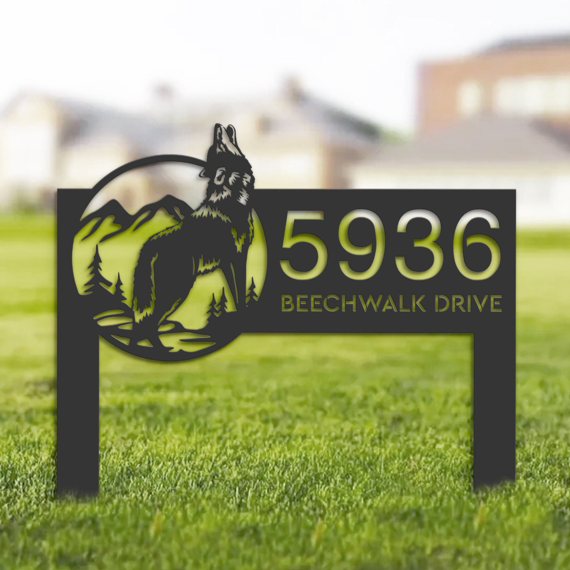 Personalized Wolf Mountain scene wild life Metal Address Sign House Number, Hanging Address Plaque | Yard Sign, Outdoor Sign| Garden Stake