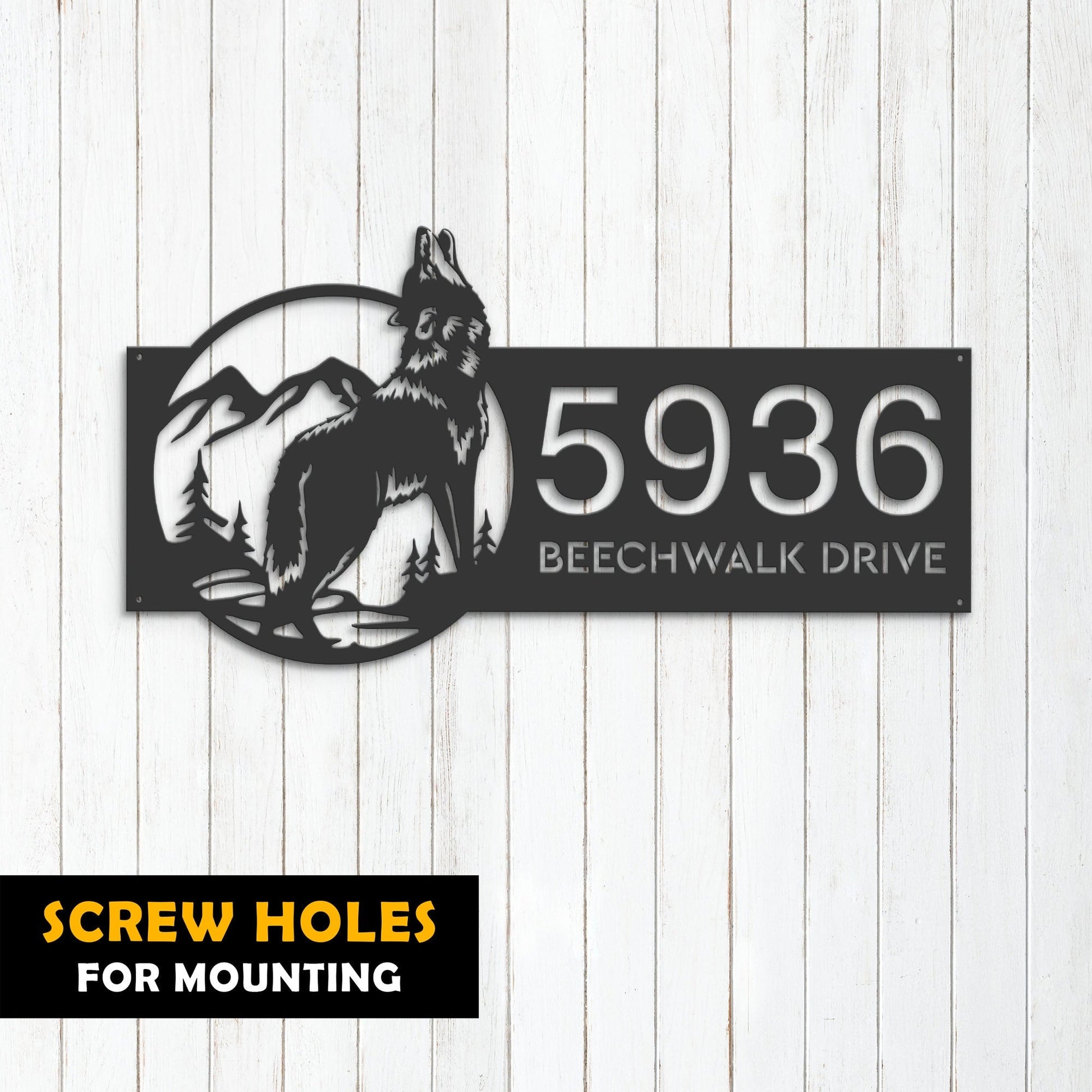 Personalized Wolf Mountain scene wild life Metal Address Sign House Number, Hanging Address Plaque | Yard Sign, Outdoor Sign| Garden Stake