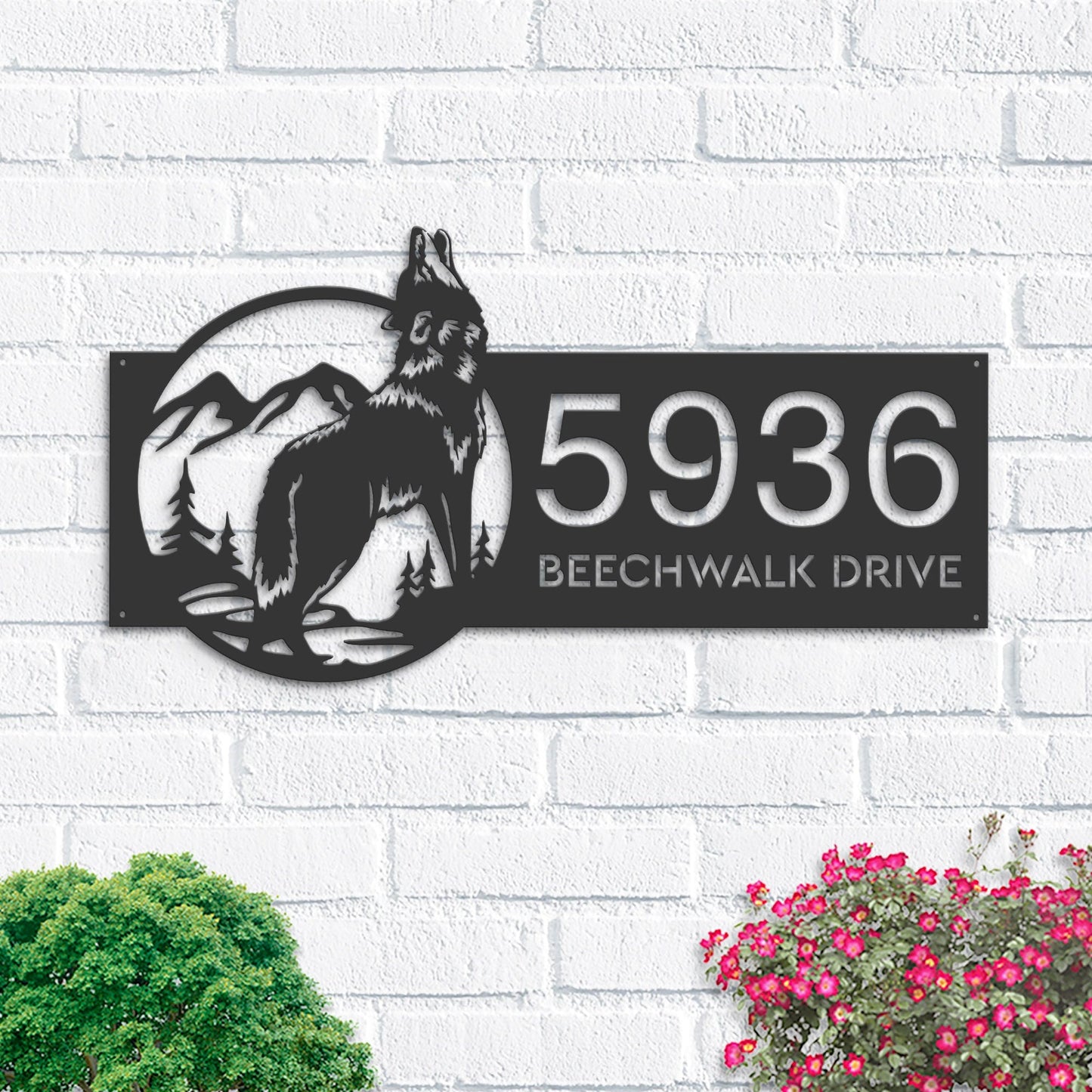 Personalized Wolf Mountain scene wild life Metal Address Sign House Number, Hanging Address Plaque | Yard Sign, Outdoor Sign| Garden Stake