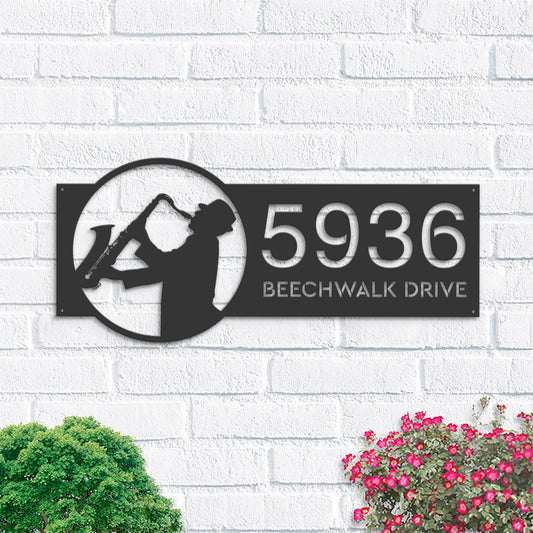 Personalized Jazz player musician Metal Address Sign House number Hanging Address Plaque Yard Sign Outdoor Sign Garden Stake