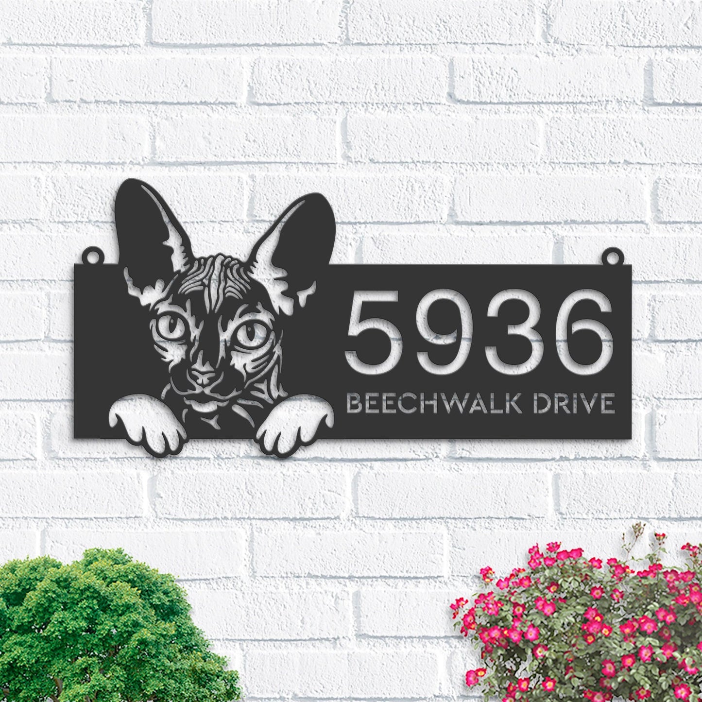 Personalized Sphynx Cute peeking cat kitten Metal Address Sign House number Hanging Address Plaque Yard Sign Outdoor Sign Garden Stake